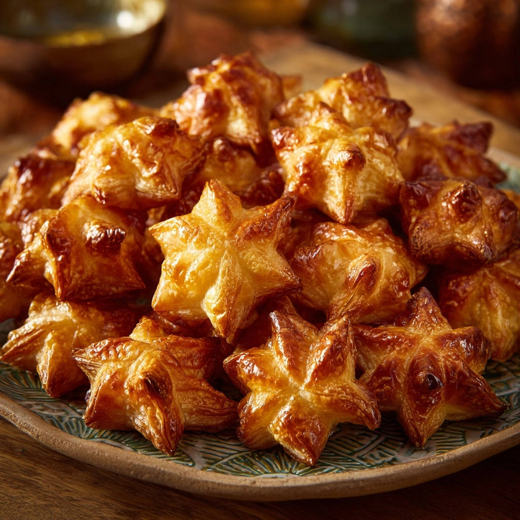 Flaky star pastries piled high on a decorative plate, showcasing their golden-brown, baked perfection.
