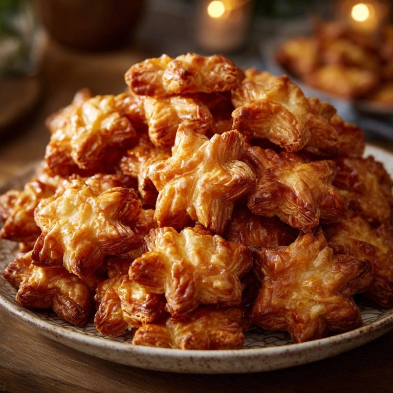 Flaky star pastries piled high on a plate, showcasing their golden-brown, crisp texture up close.