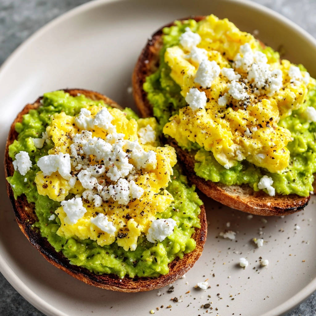 Fluffy scrambled egg and avocado toast topped with crumbled feta cheese and black pepper in a close-up view.