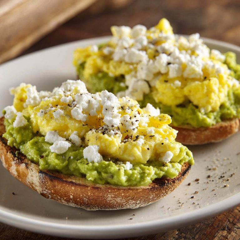 Fluffy scrambled egg and avocado toast plated with crumbled feta cheese and black pepper.