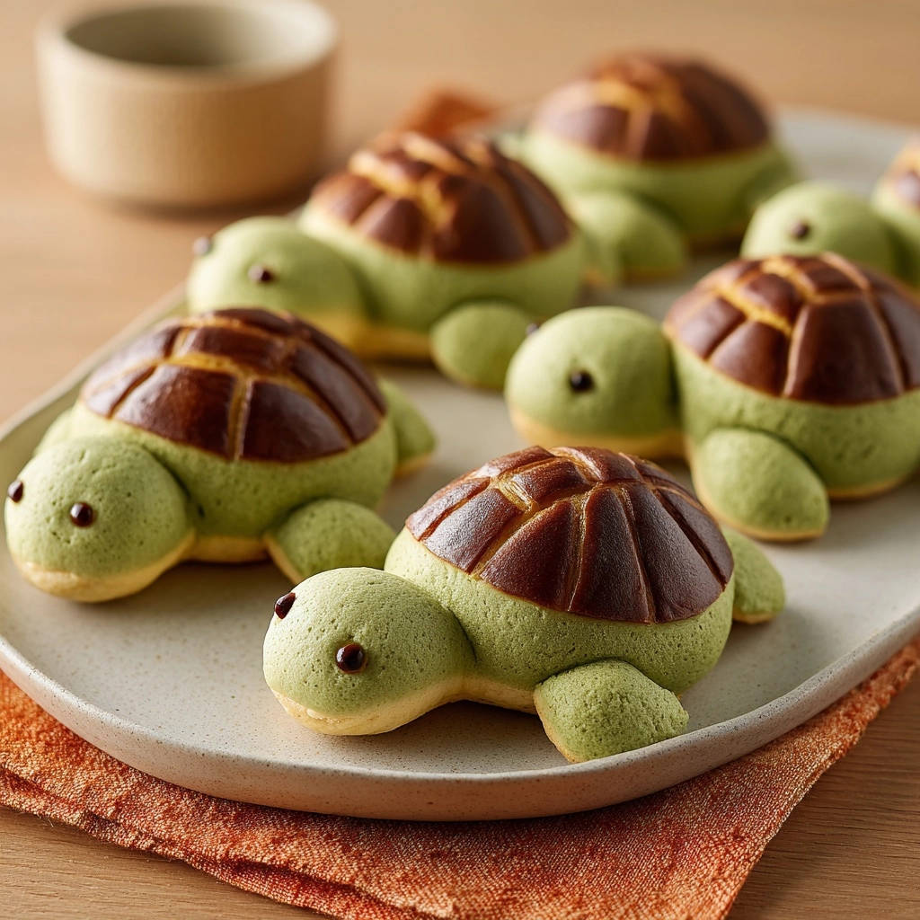 Fluffy turtle buns arranged on a platter, showcasing their soft green bodies and brown patterned shells.