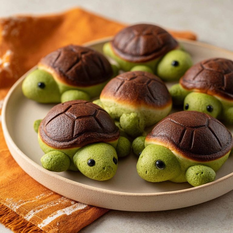 Fluffy turtle buns arranged on a plate, showcasing their cute green bodies and brown patterned shells.