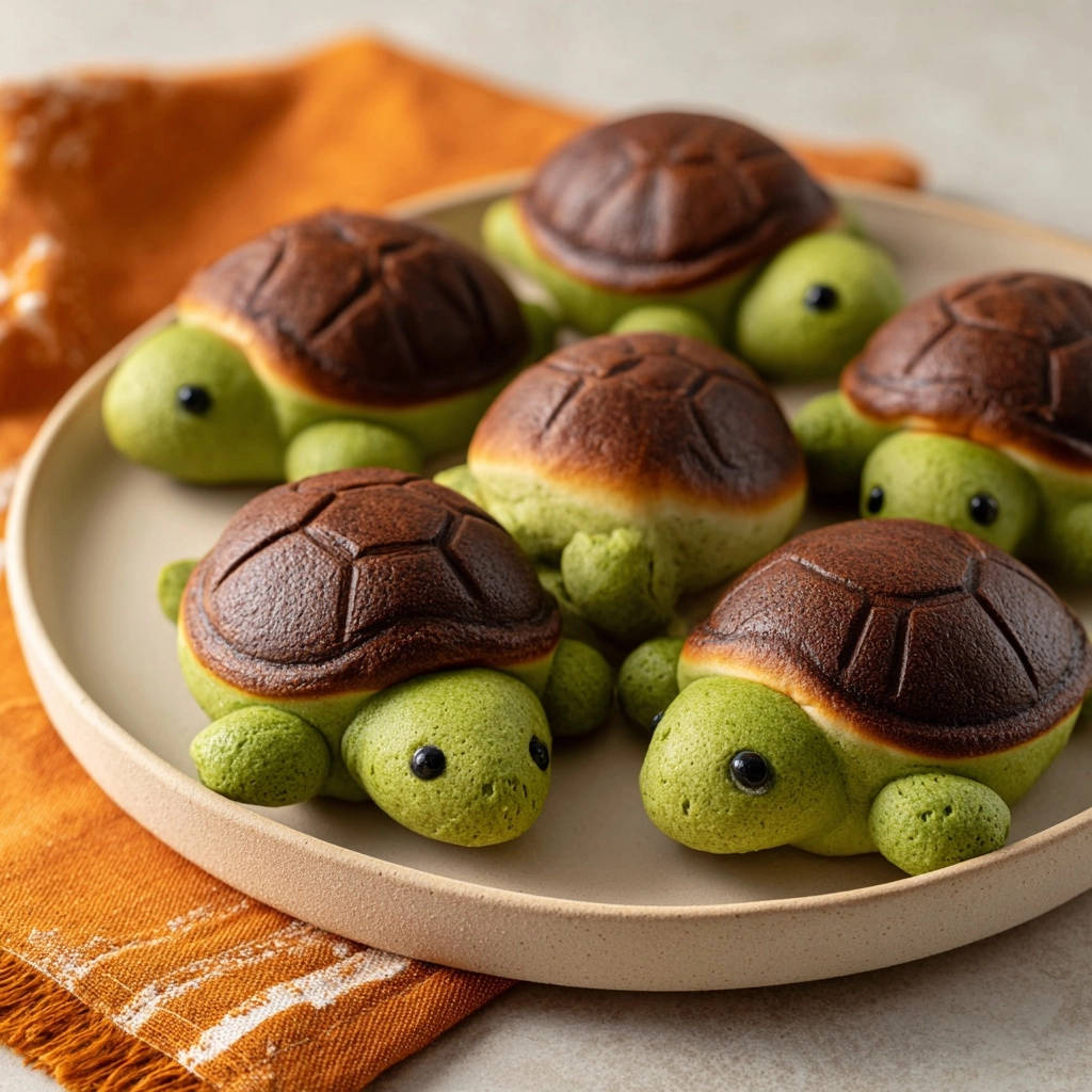 Fluffy turtle buns arranged on a plate, showcasing their cute green bodies and brown patterned shells.