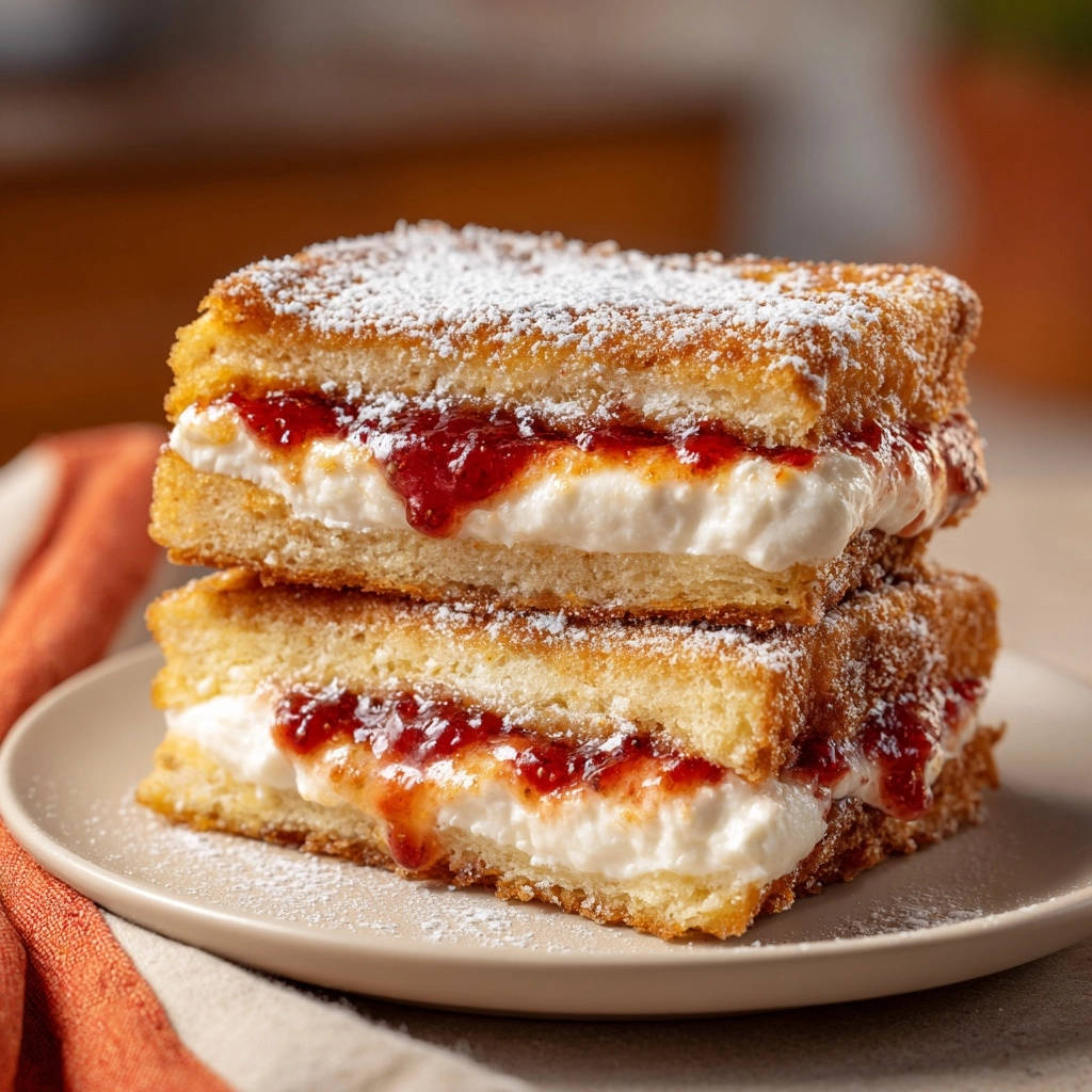 French toast stacks cross-section showing thick cream filling and strawberry jam, dusted with powdered sugar.