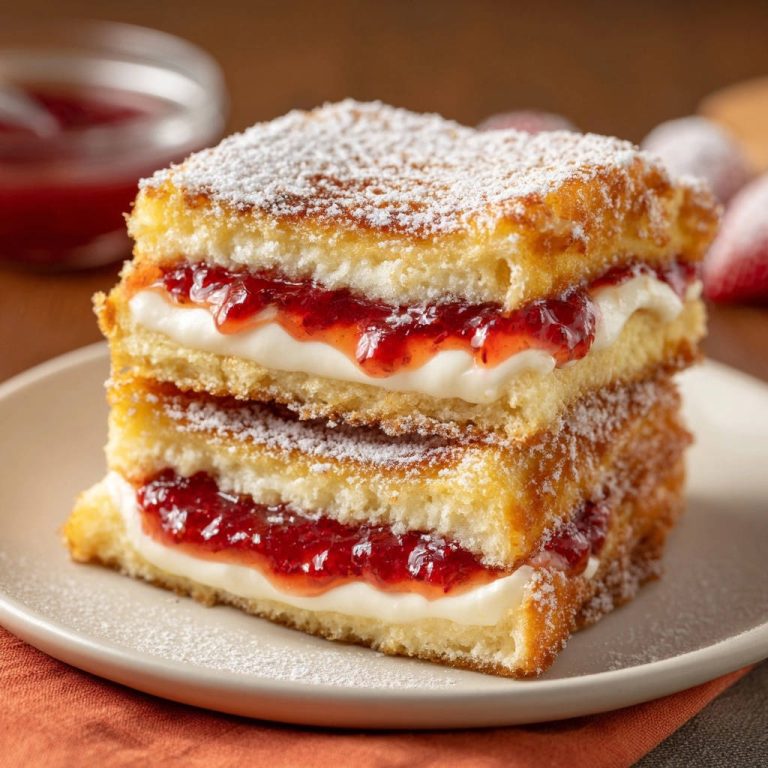 French toast stacks cross-section showing layers of golden bread, cream, and strawberry jam, dusted with powdered sugar.