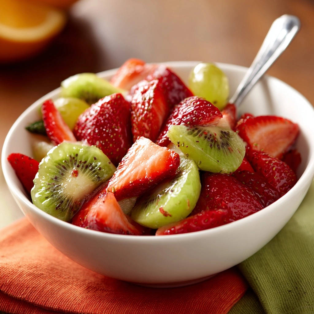 Fresh fruit salad in a white bowl, featuring sliced strawberries, kiwi, and grapes, with a spoon.