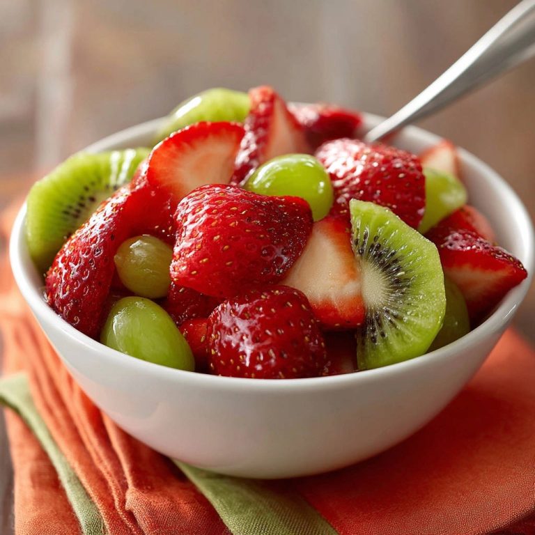 Fresh fruit salad close-up in a white bowl, featuring strawberries, kiwi, and grapes with a spoon.