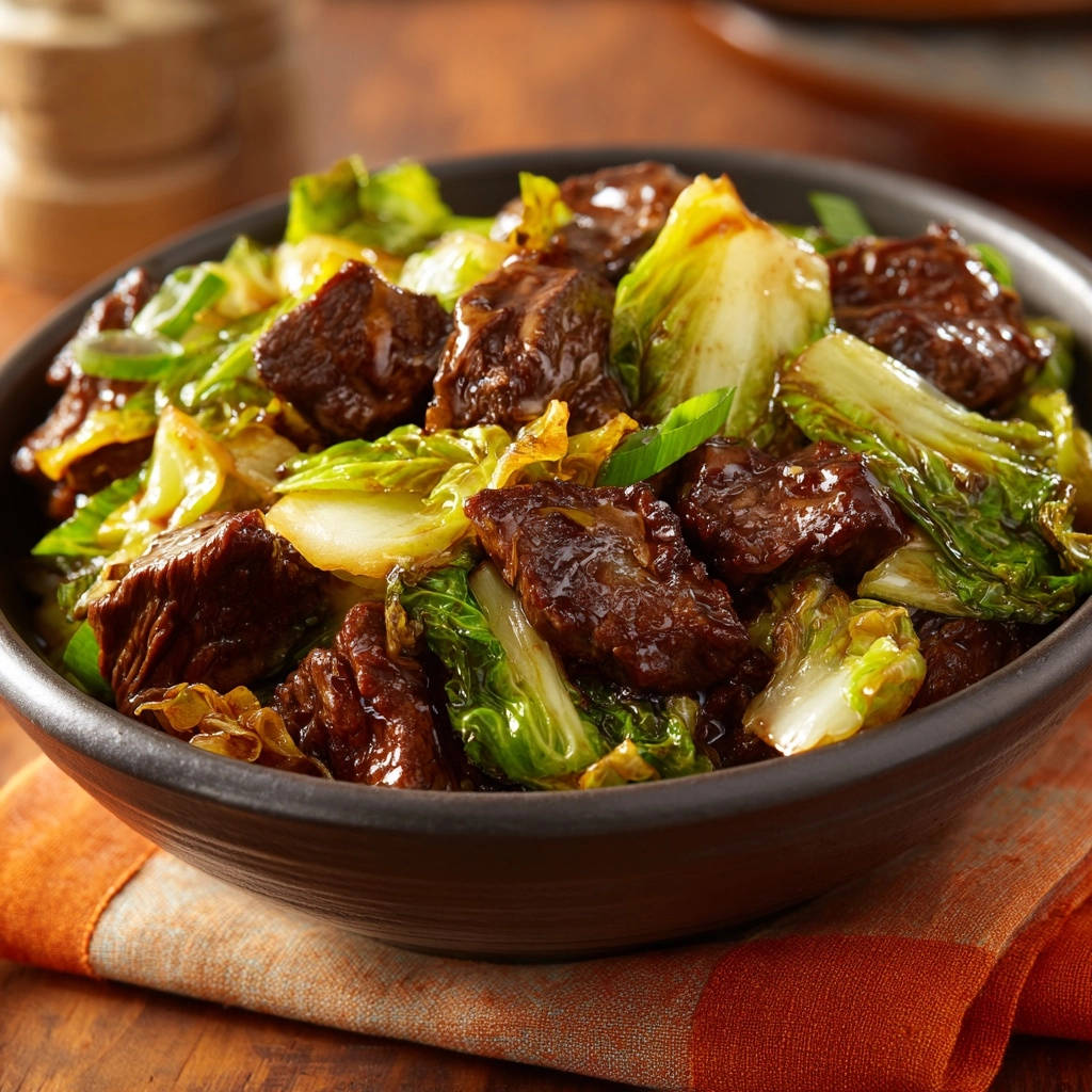 Glazed beef and bok choy stir-fry served in a dark bowl, presented in a close-up view.