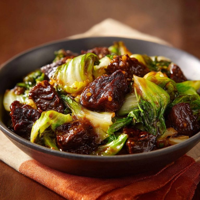 Glazed beef and bok choy stir-fry served in a dark bowl, showcasing tender beef chunks and vibrant green bok choy in a close-up view.