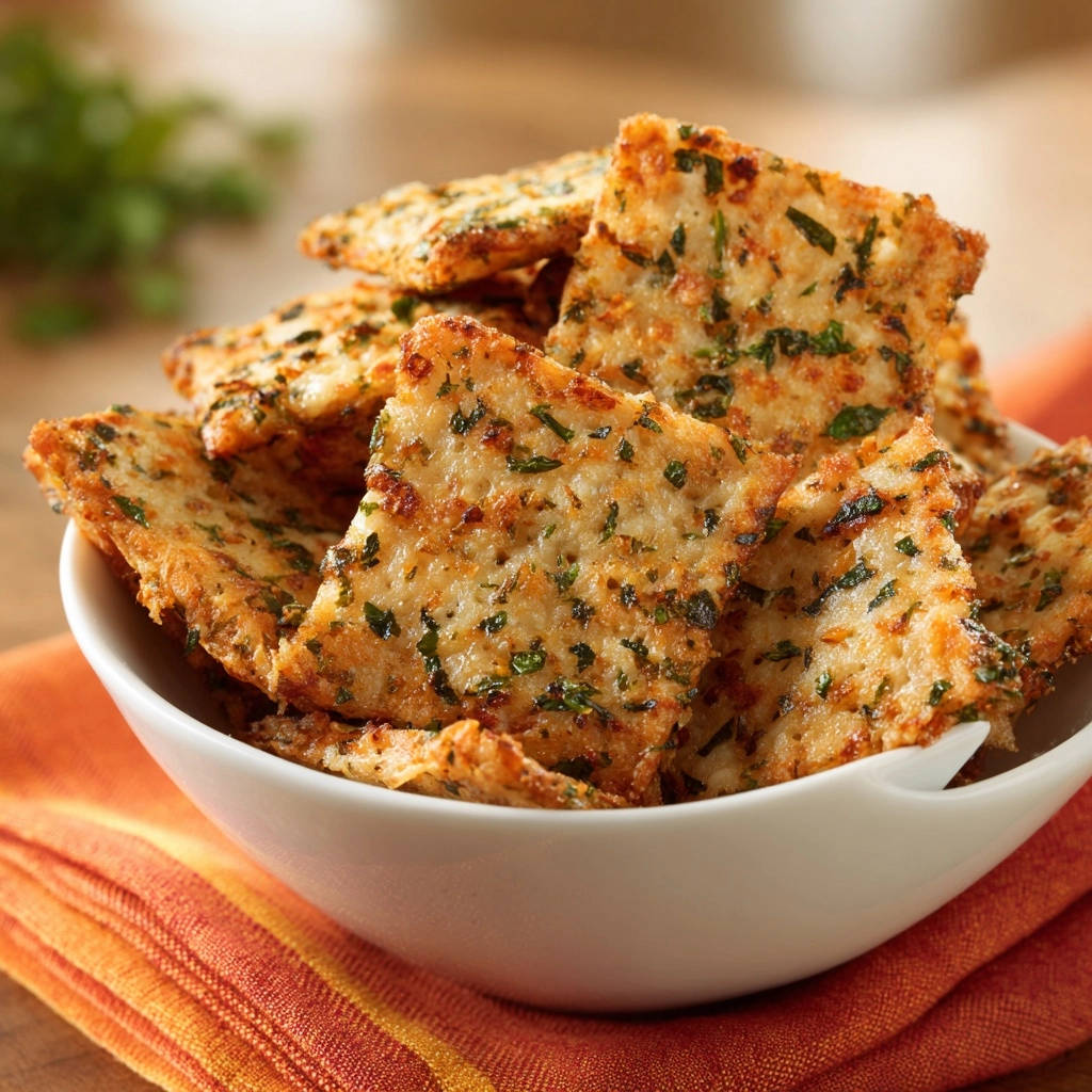 Easy Golden Cheese Crisps piled high in a white bowl, showcasing their golden-brown texture and herb flecks.