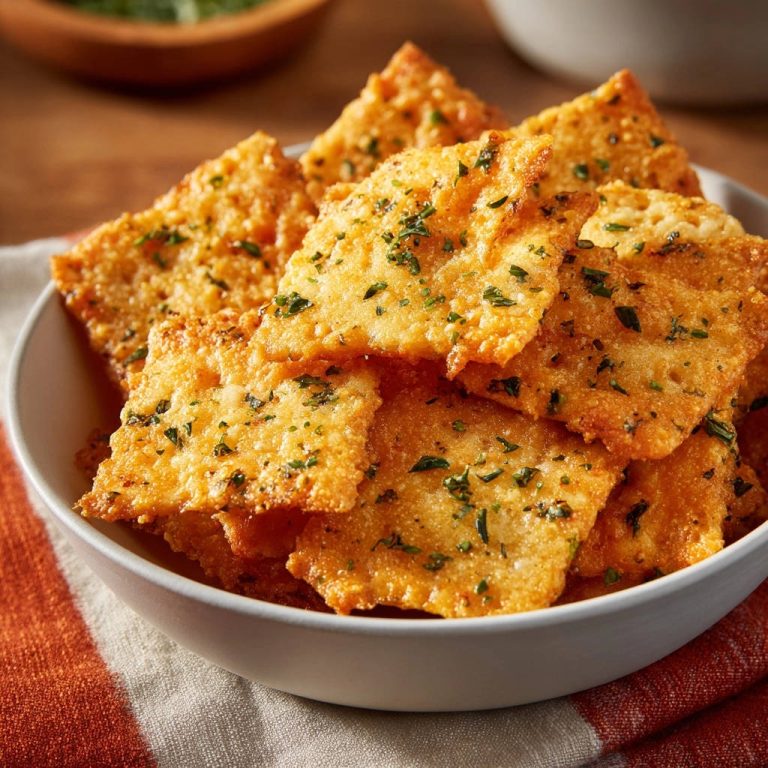 Easy golden cheese crisps generously garnished with parsley in a white bowl.