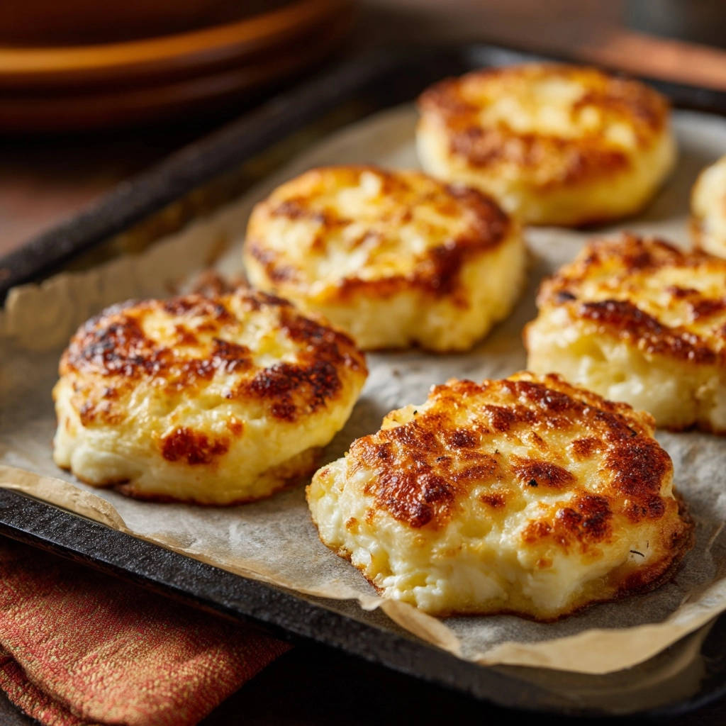 Golden cheese patties, perfectly shaped and irresistibly tender, shown in a close-up showcasing their golden-brown crust and tender texture.