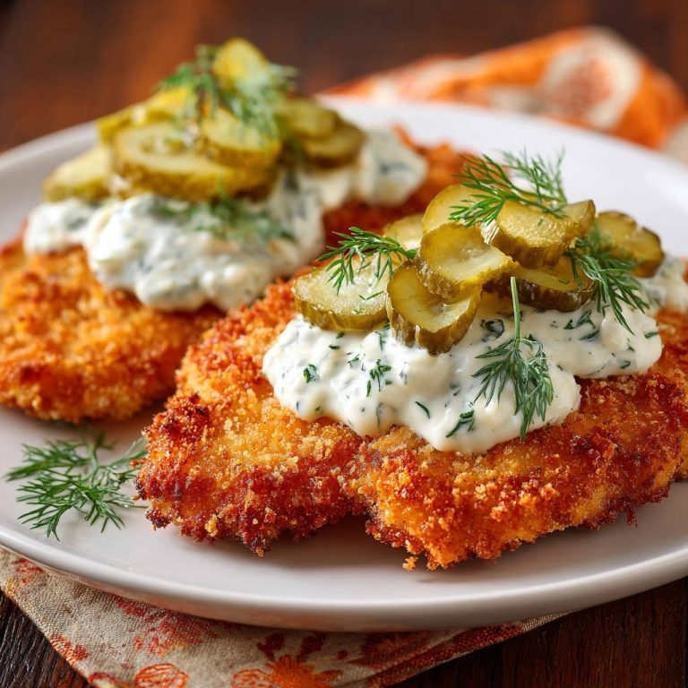 Crispy golden chicken cutlets topped with creamy dill sauce and sliced pickles, presented on a white plate.