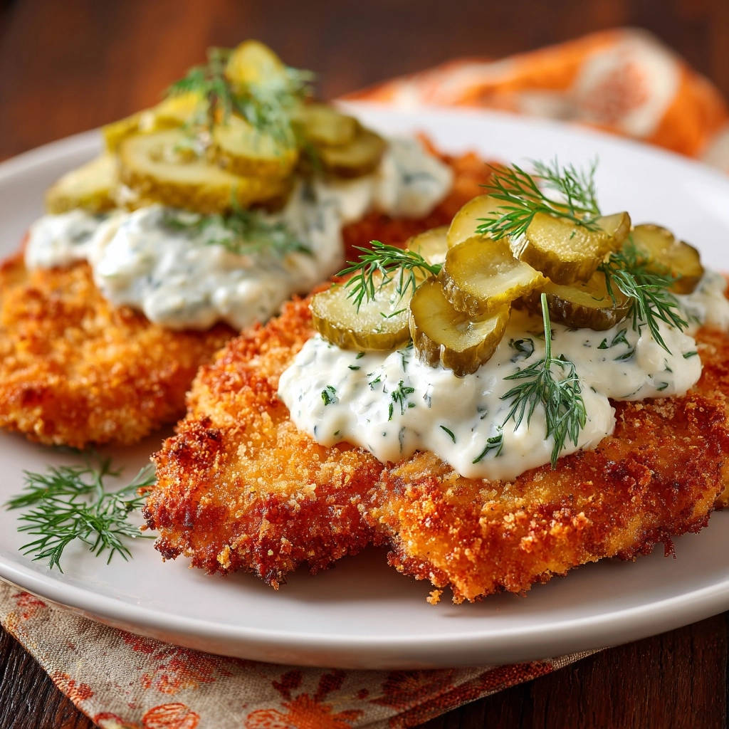 Crispy golden chicken cutlets topped with creamy dill sauce and sliced pickles, presented on a white plate.