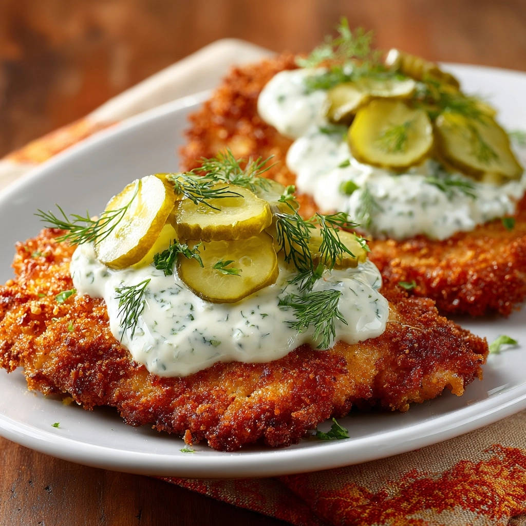 Crispy golden chicken cutlets topped with creamy dill sauce, sliced pickles, and fresh dill sprigs.