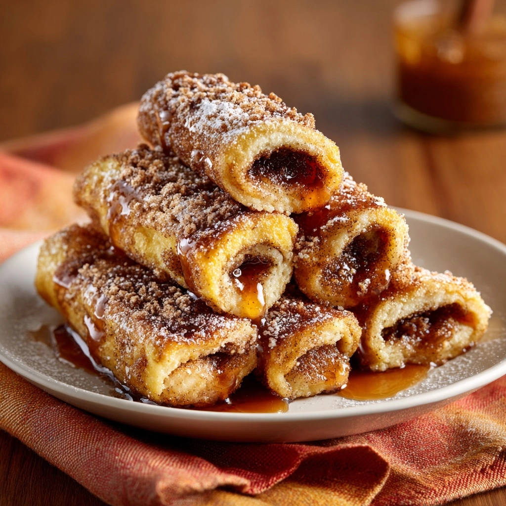 Golden cinnamon French toast rolls shown in a close-up cross-section revealing the sweet, gooey filling.
