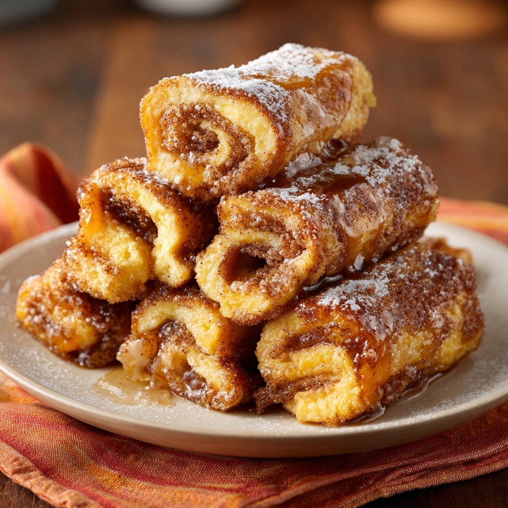 Golden Cinnamon French Toast Rolls stacked on a plate, showing a close-up of their swirled cinnamon interior and powdered sugar dusting.