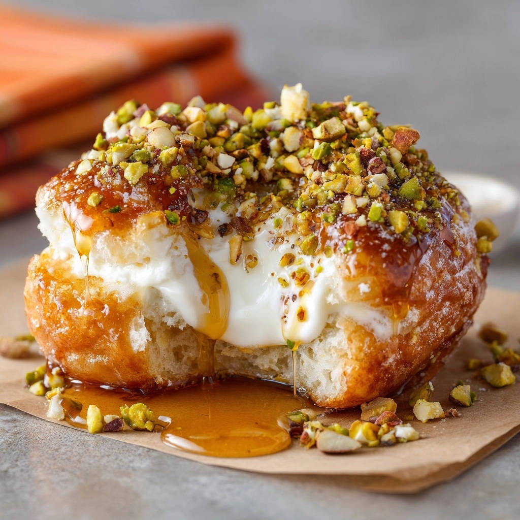 Golden honey pistachio pastries shown in a close-up cross-section with honey dripping over the creamy filling.