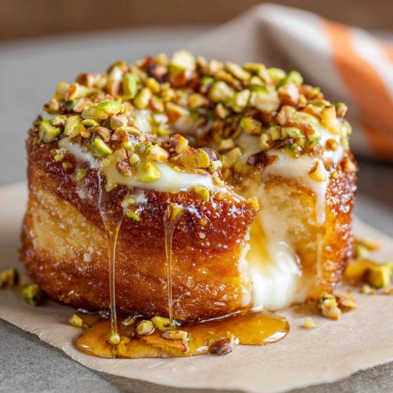 Golden honey pistachio pastries with a close-up view of the oozing cream filling and honey drizzle.