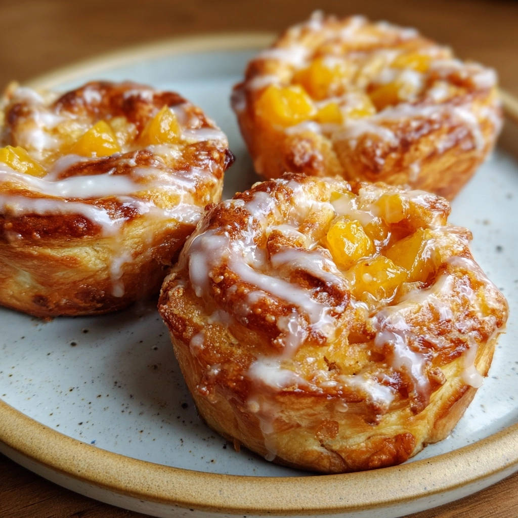 Golden Peach Pastries with a close-up view of the flaky pastry and sweet white glaze drizzle.