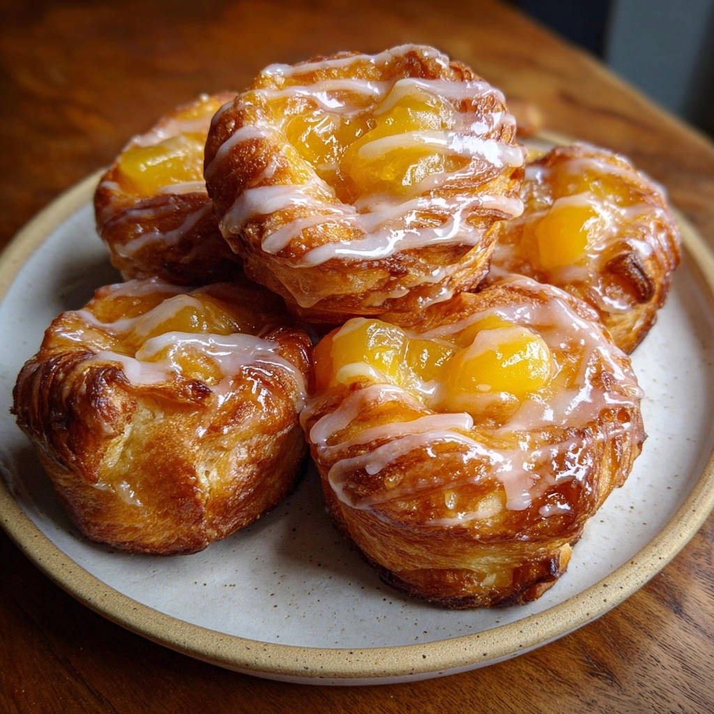 Golden peach pastries with a glistening glaze, showcasing their flaky layers and juicy fruit in a close-up view.