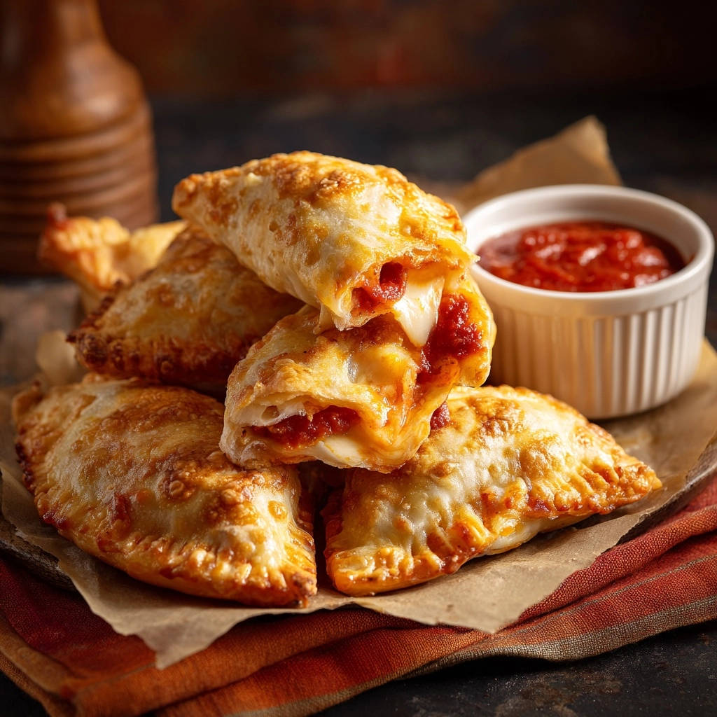 Golden pizza pockets cross-section revealing gooey melted cheese and rich tomato sauce filling.