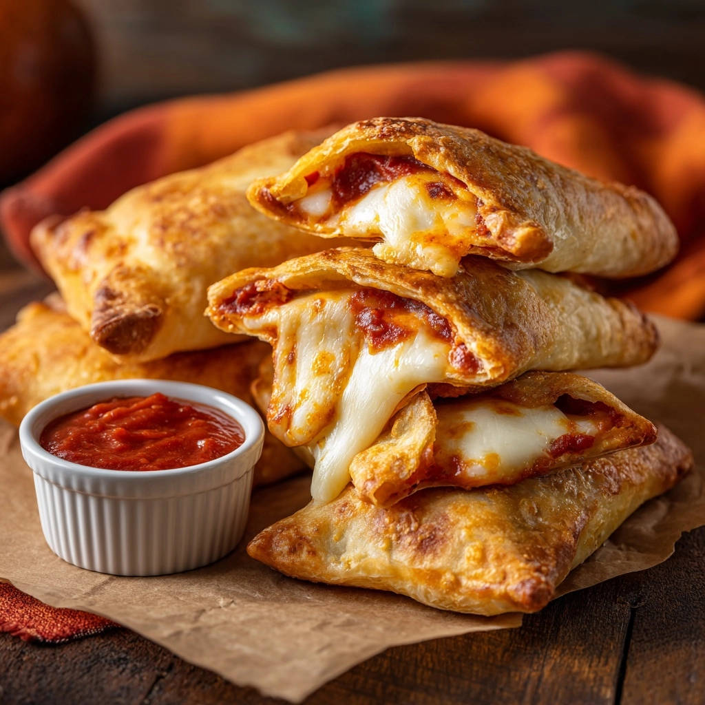 Golden pizza pockets with a gooey cheese pull, showing the molten mozzarella inside.