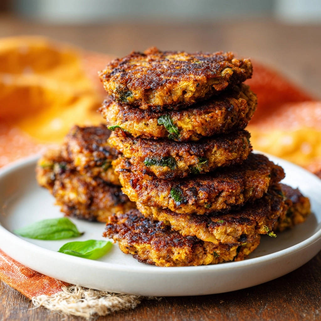 Golden veggie fritters, perfectly sturdy and never crumble, stacked high on a white plate with fresh basil garnishes.