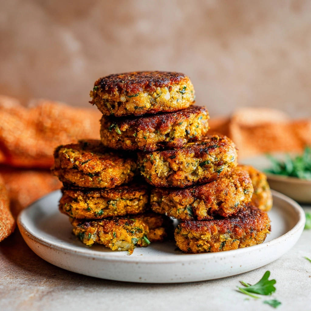 Golden veggie fritters, perfectly sturdy and never crumbling, stacked neatly on a white plate with a rustic orange cloth in the background.