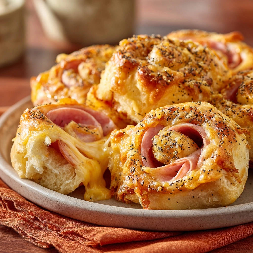 Savory ham & cheese swirls shown in a close-up cross-section with gooey melted cheese oozing out.