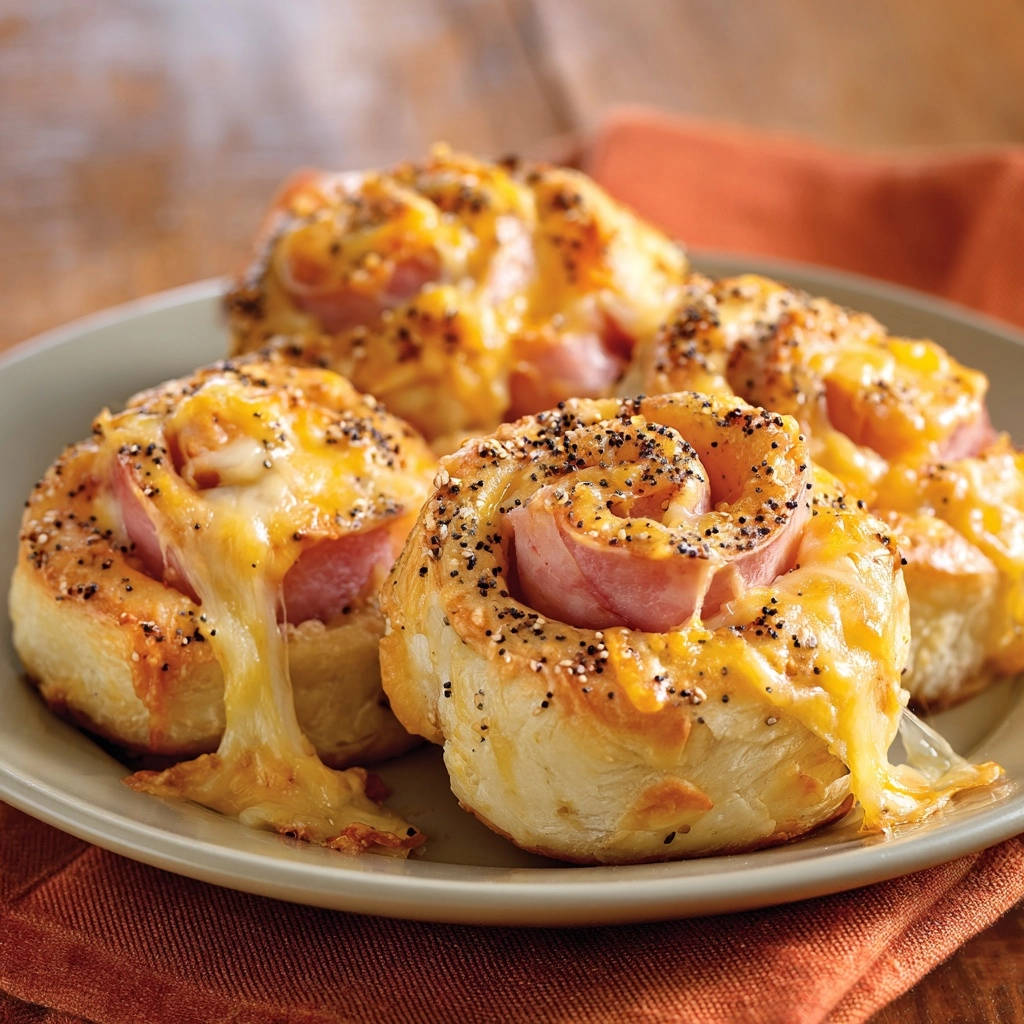 Savory Ham & Cheese Swirls with gooey melted cheese dripping from a close-up view.