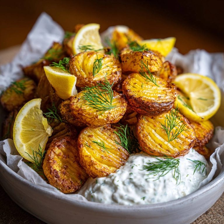 Crispy hasselback potatoes served in a bowl with lemon wedges, dill, and a creamy dip.