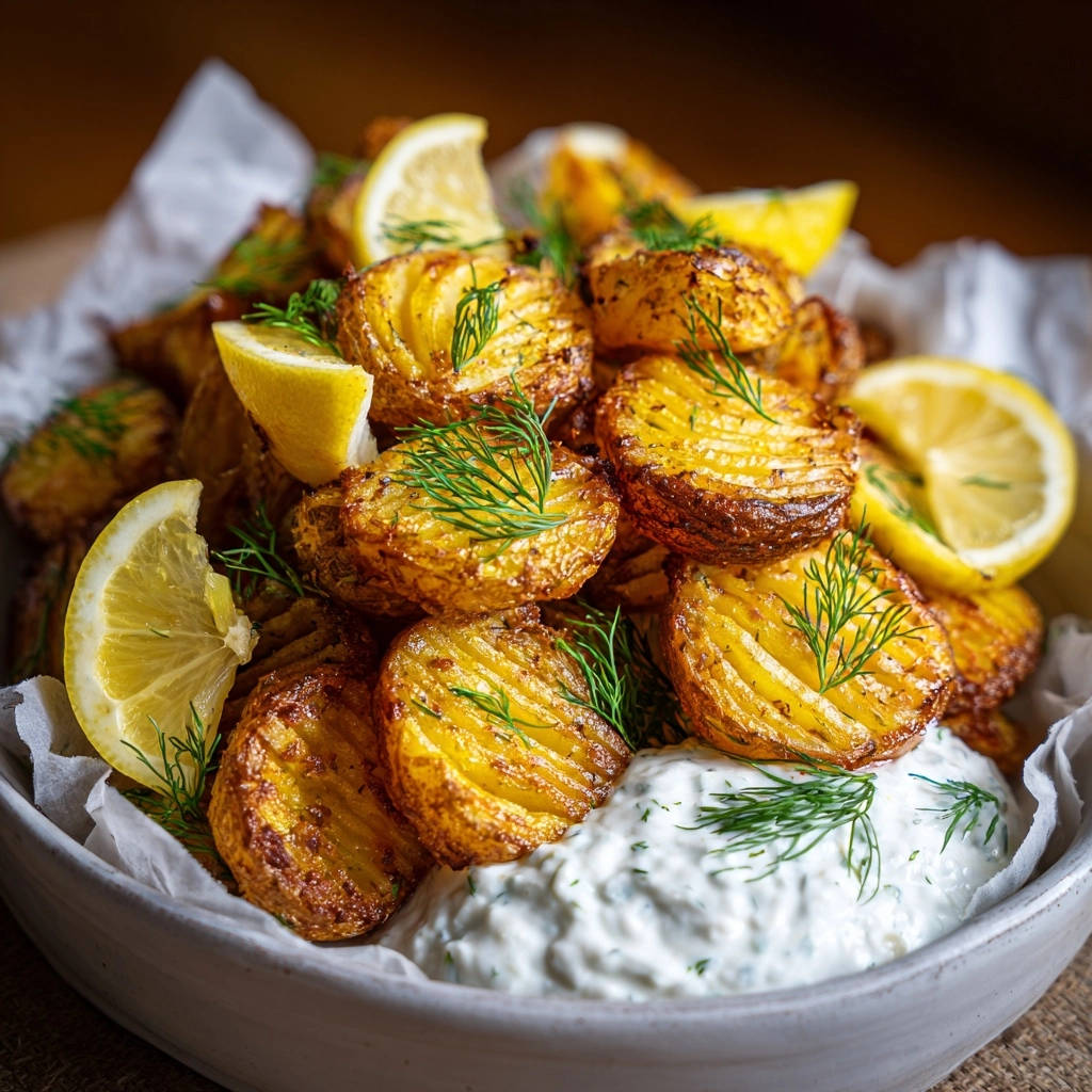 Crispy hasselback potatoes served in a bowl with lemon wedges, dill, and a creamy dip.