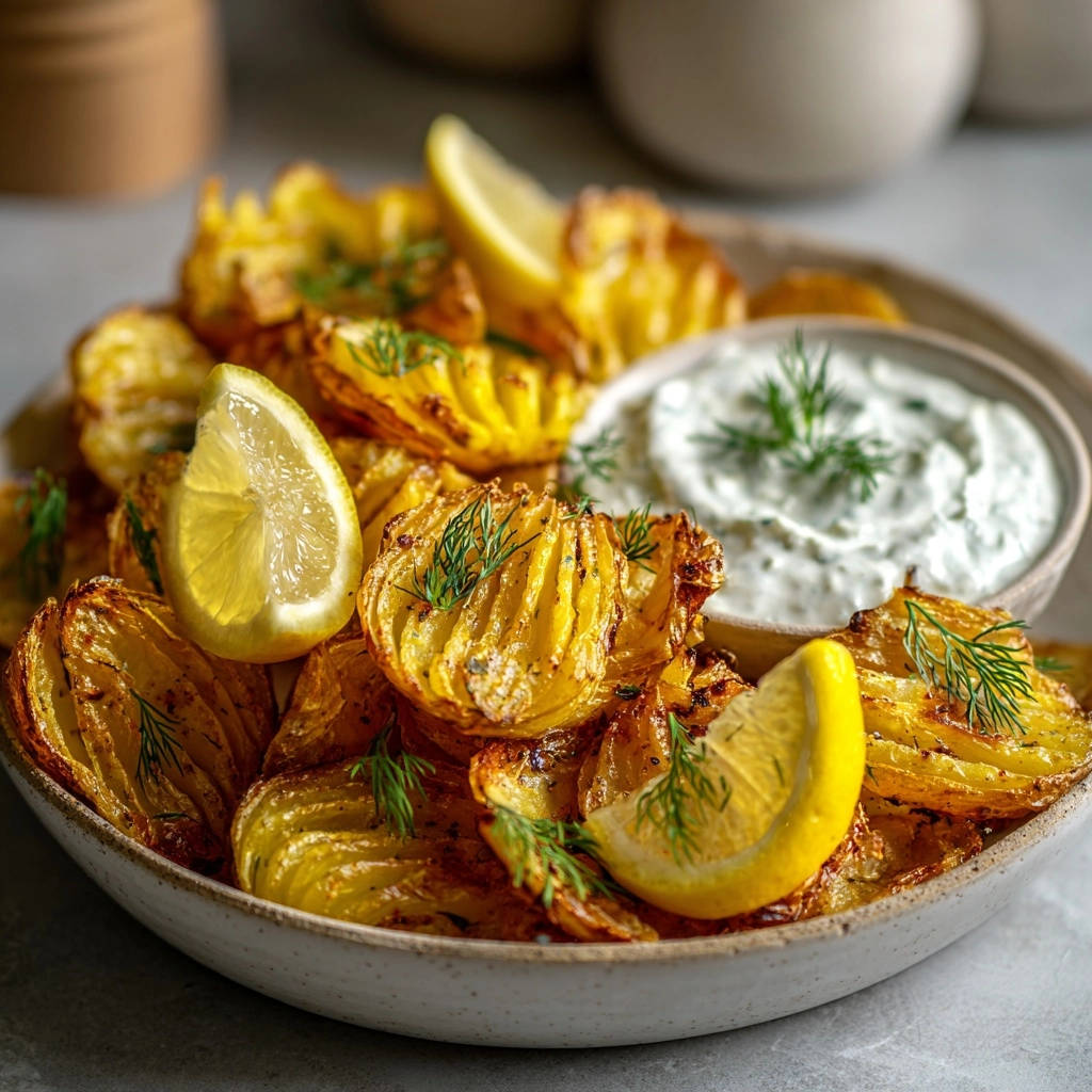 Crispy Hasselback potatoes with lemon wedges and a side of creamy dip, garnished with fresh dill.