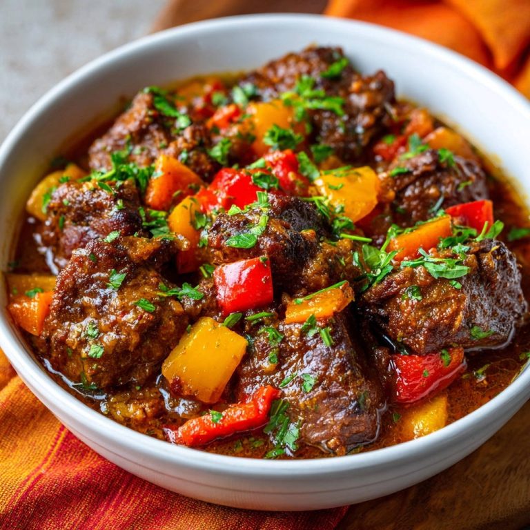 Hearty beef and pepper stew served in a white bowl, showcasing tender chunks of beef and colorful bell peppers.