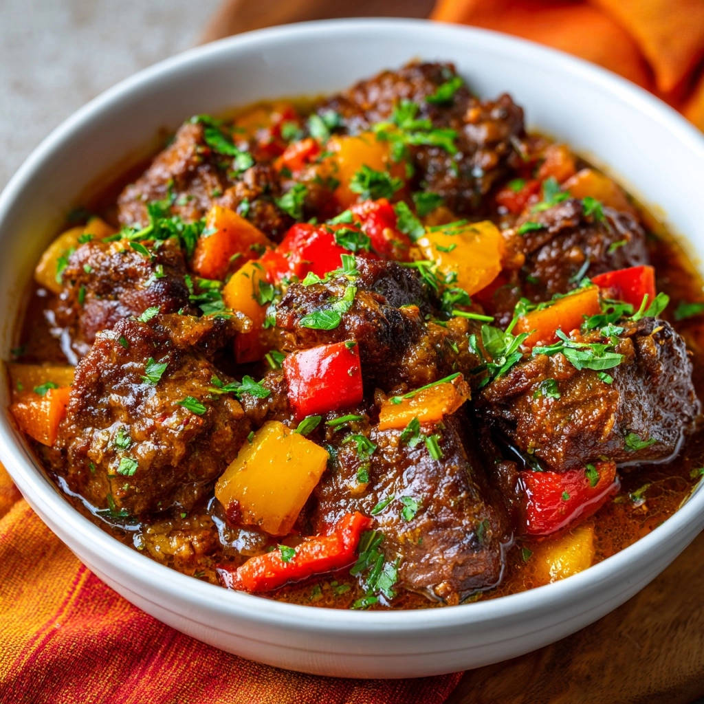 Hearty beef and pepper stew served in a white bowl, showcasing tender chunks of beef and colorful bell peppers.