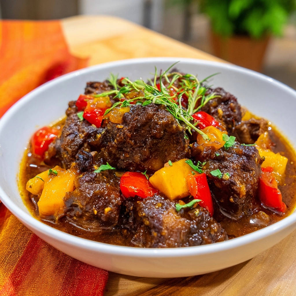 Hearty beef and pepper stew served in a white bowl, showcasing tender beef chunks with bell peppers and fresh herbs.