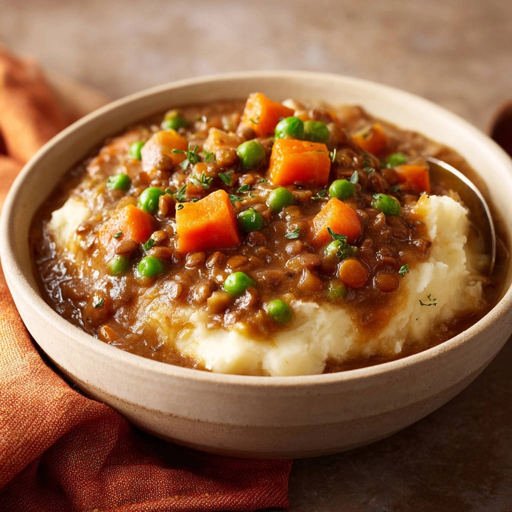 Hearty beef & veggie stew served over fluffy mashed potatoes, with carrots and peas visible.