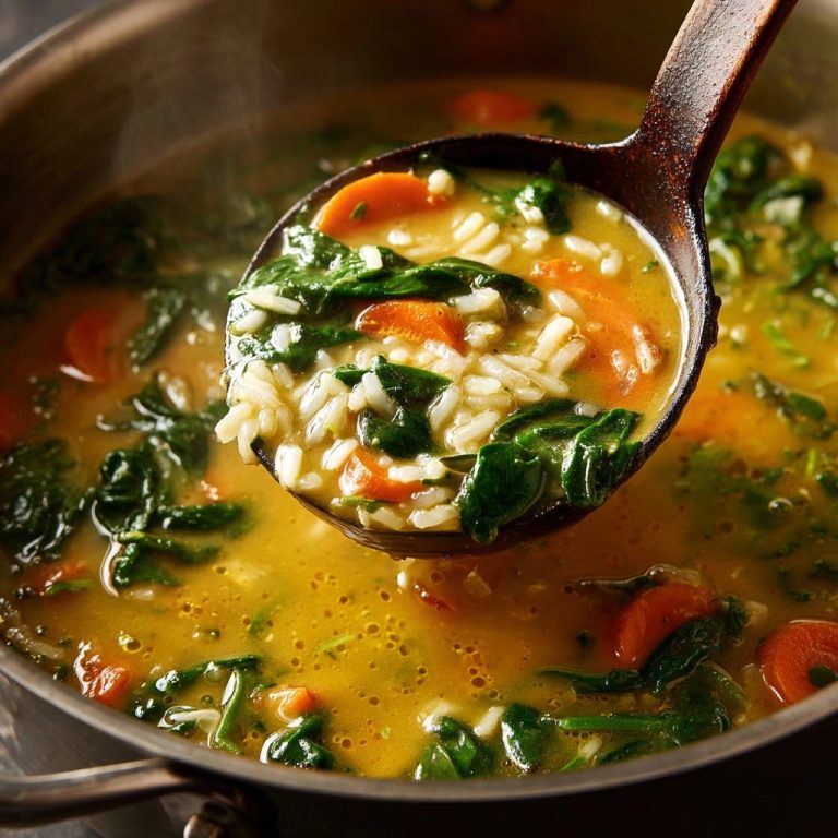 Hearty veggie & rice soup scooped with a wooden ladle, showing carrots and spinach in broth.