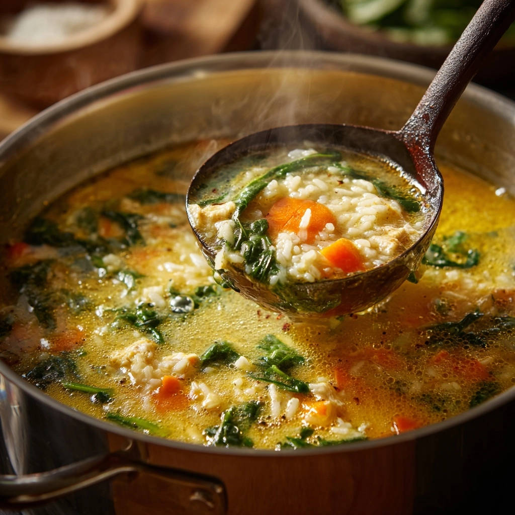 Hearty veggie & rice soup shown in a ladle, with visible carrots, spinach, and rice grains in steaming broth.
