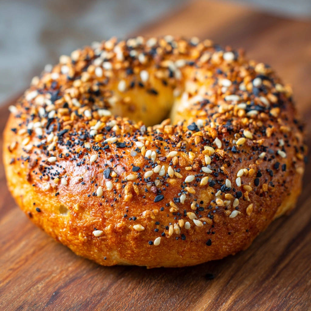 Homemade everything bagels with a textured topping of sesame and poppy seeds, viewed from a slight side angle.