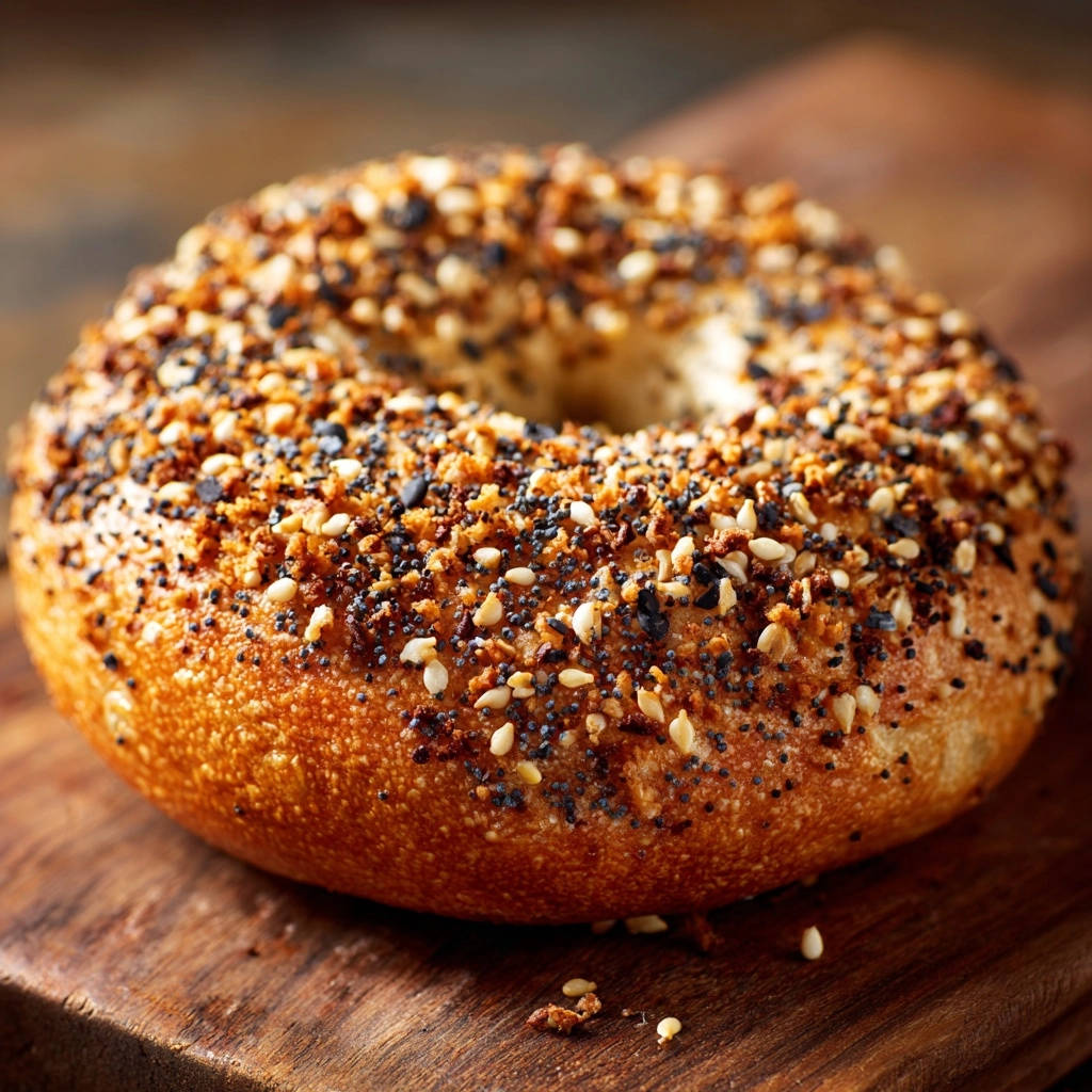 Homemade everything bagels showing a close-up of the textured topping with sesame and poppy seeds.