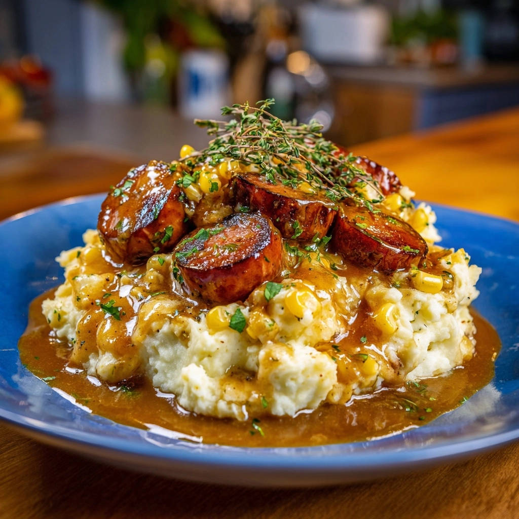 Homestyle sausage skillet with creamy mash served in a blue bowl, featuring a close-up view of the mashed potatoes and gravy.