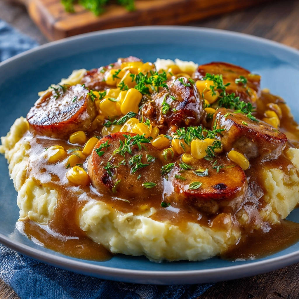Homestyle sausage skillet with creamy mash served generously on a blue plate, garnished with herbs.