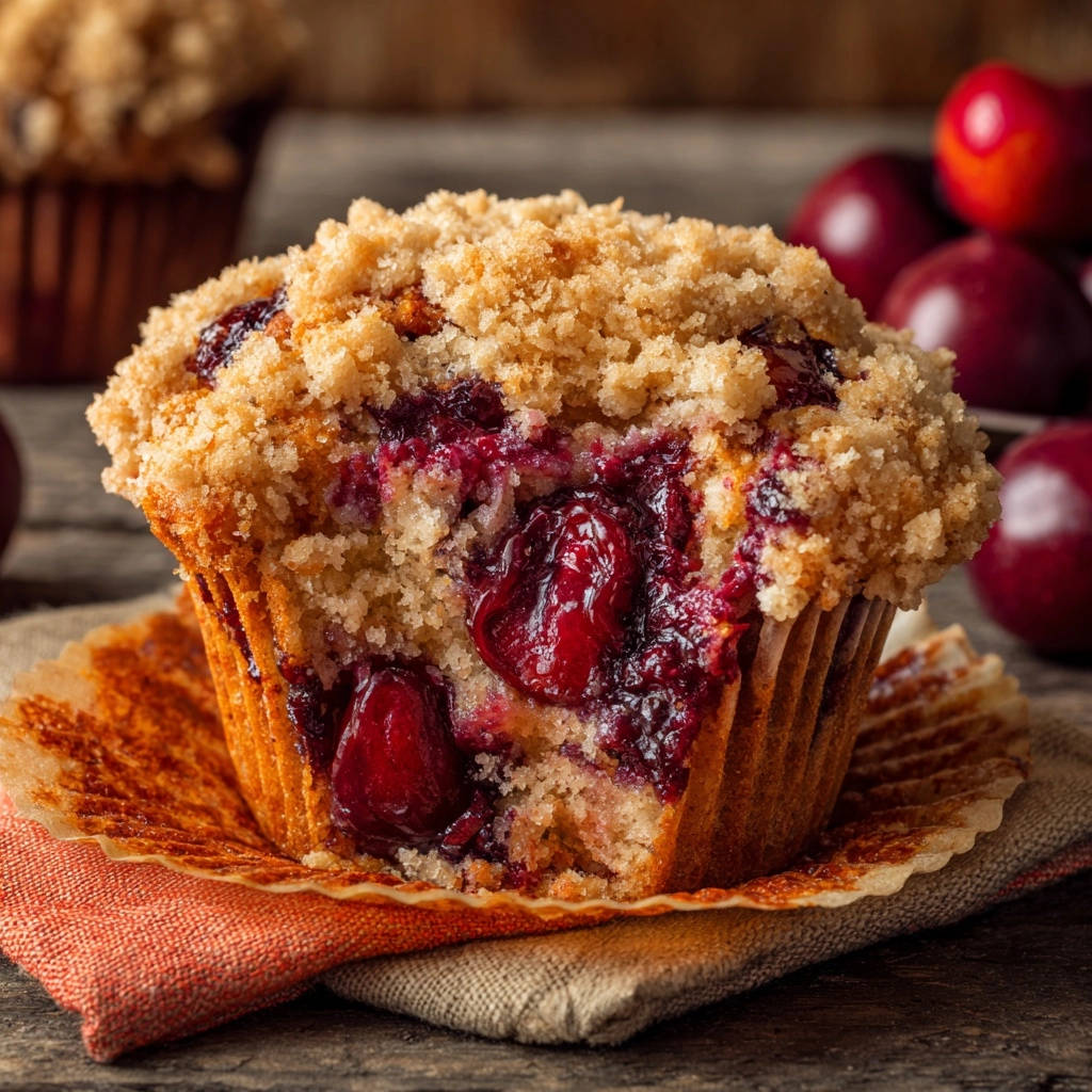 Juicy cherry crumble muffins cross-section showing tender cake and plump cherries with a crumb topping.