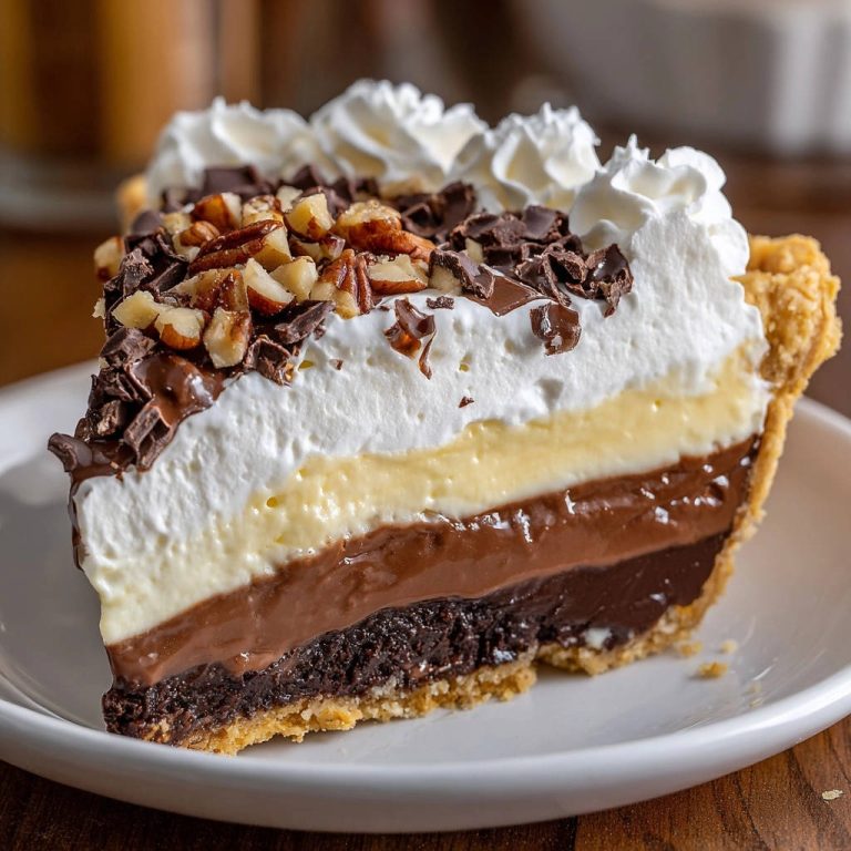 Decadent layered chocolate dream pie slice cross-section showing creamy chocolate and vanilla fillings with whipped cream topping.