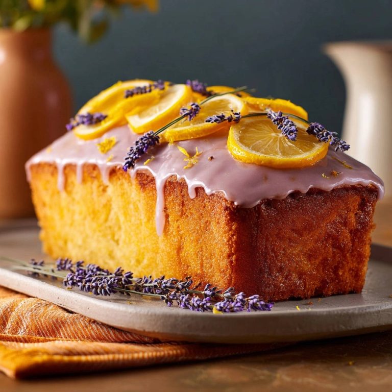 Lemon lavender loaf cake garnished with lemon slices and lavender sprigs, with a close-up view of the drizzled glaze.