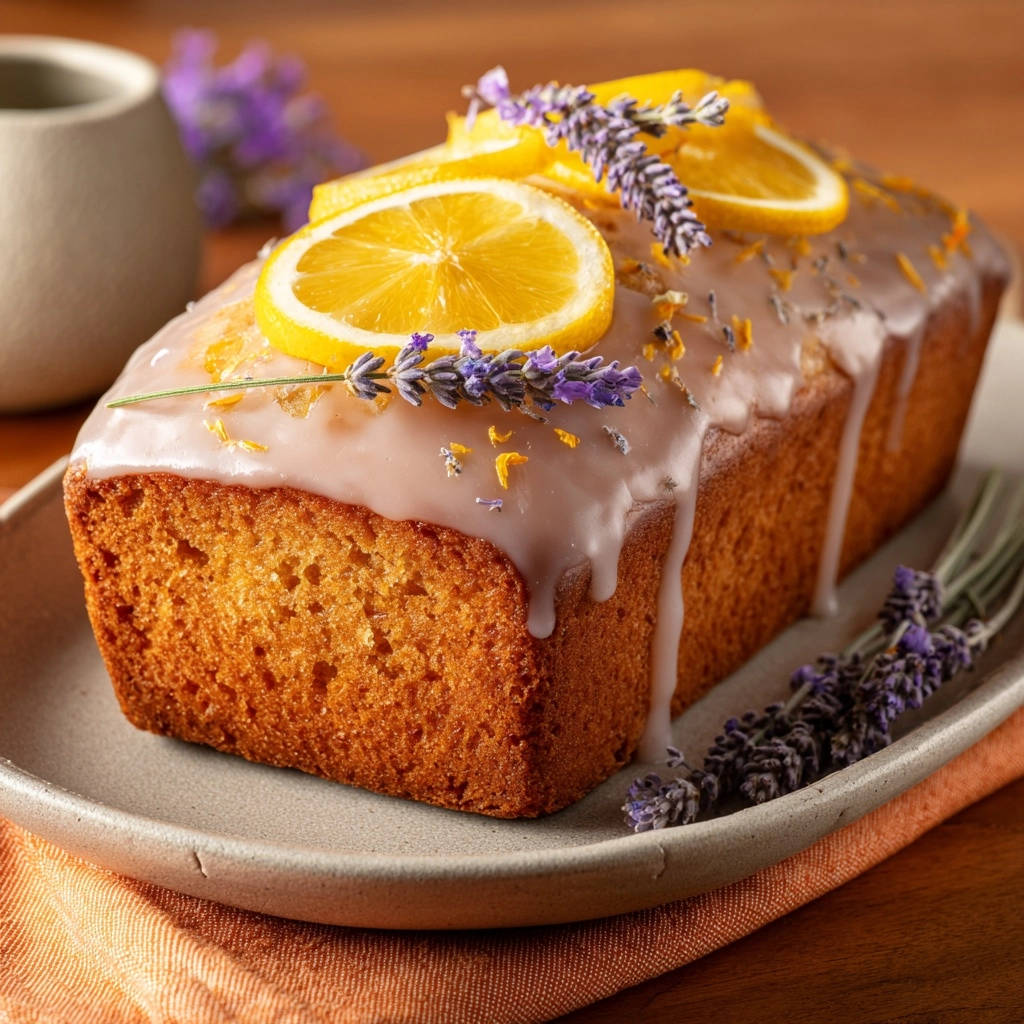 Lemon lavender loaf cake garnished with lemon slices and lavender sprigs on a grey plate.