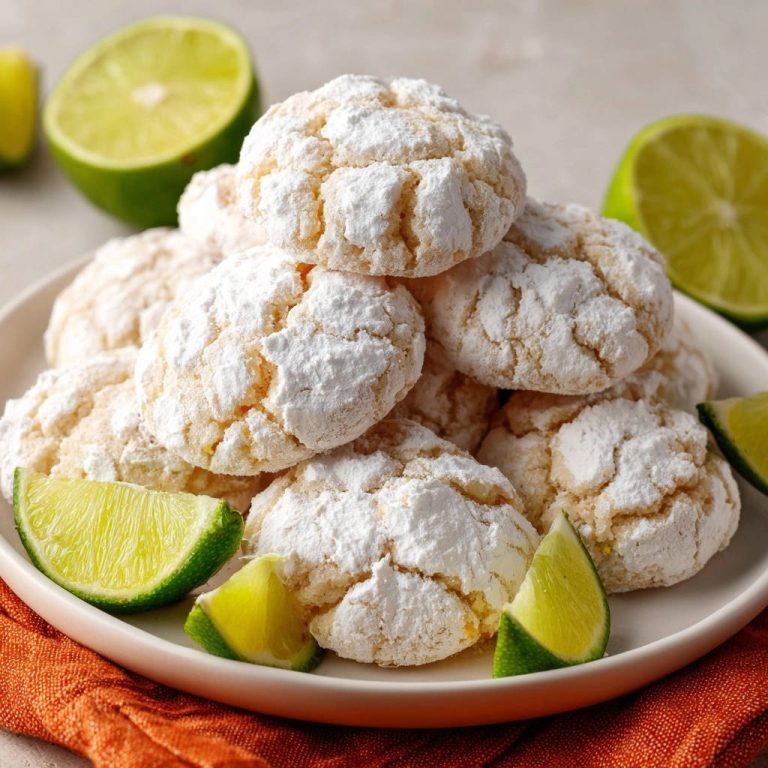 Zesty lime crinkle cookies piled high on a plate, garnished with fresh lime wedges.