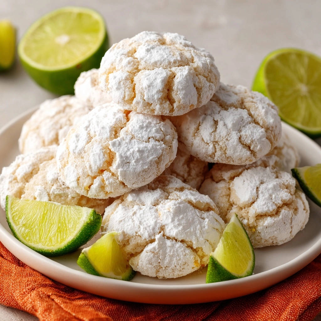 Zesty lime crinkle cookies piled high on a plate, garnished with fresh lime wedges.